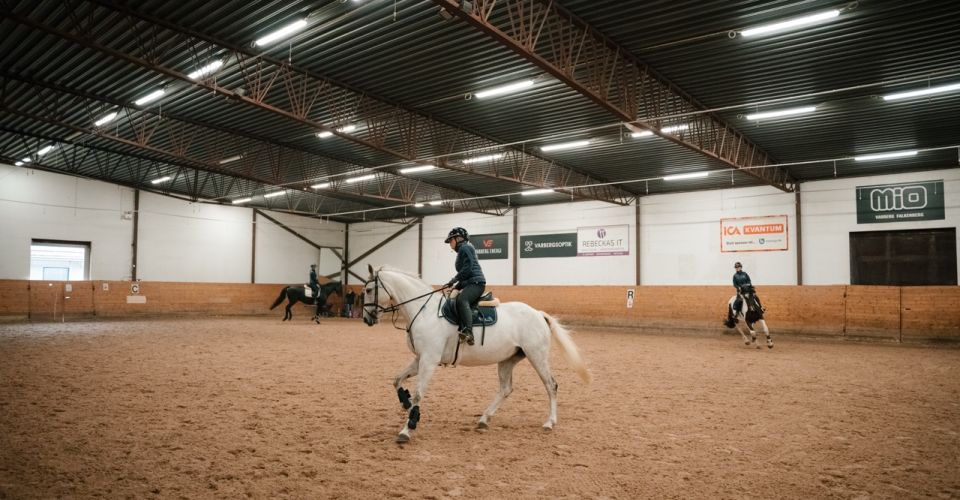 Träning med hästar i ridhuset på Ridgymnasiet i Varberg
