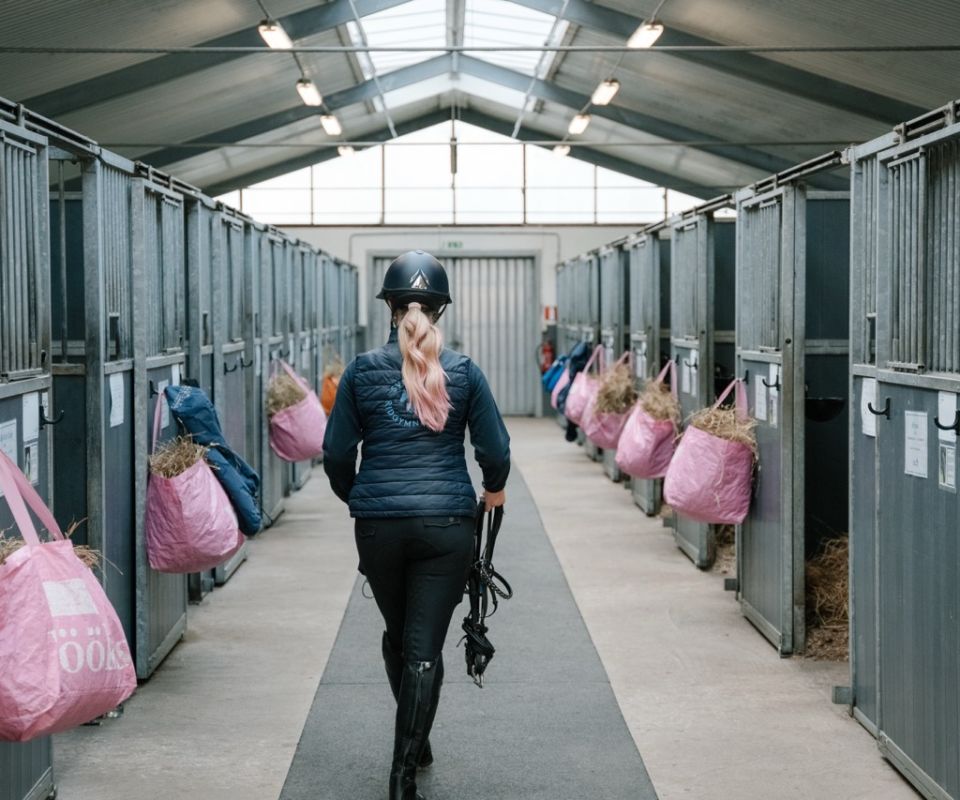 Elev i stallgången på Ridgymnasiet i Varberg